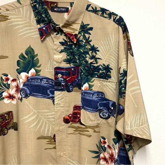 Vintage Hawaiian Shirt Size XL Classic Cars Palm Tree Short Sleeve Puritan Beige - Picture 3 of 9